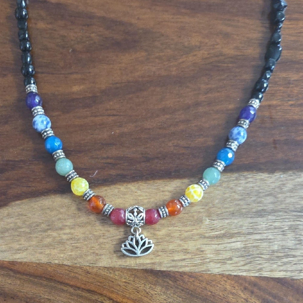 Chakra Beaded Necklace with Silver Lotus Charm